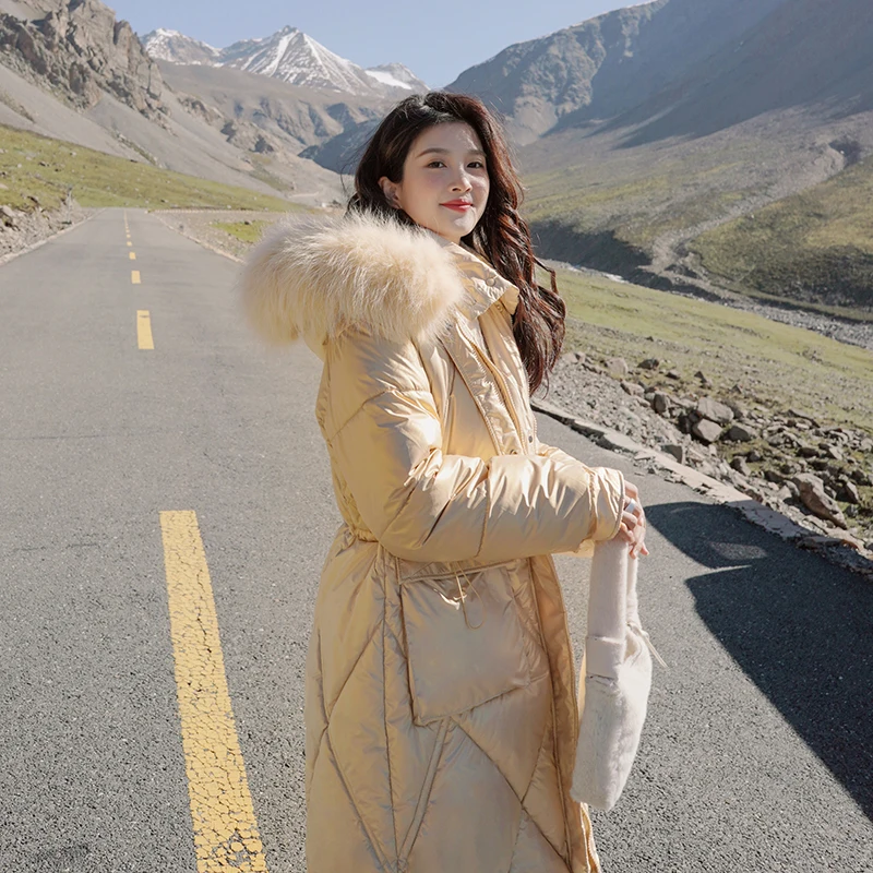 Fashion Women's Down Jackets Winter Long Fur Collar Hooded Casual Coat Glossy Silver Parkas Thick Jackets Women Outwear