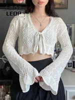 ledp retro fashion cute crochet v neck knit t shirt y2k white knit cropped top tie ruffle flared full sleeve cardigan top women