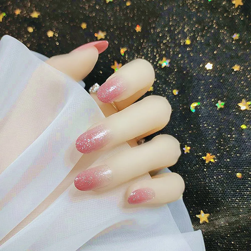 

24pcs fake nails with glitter Decor Silver Powder Gradient Wearable Super Fairy Girl nail tips