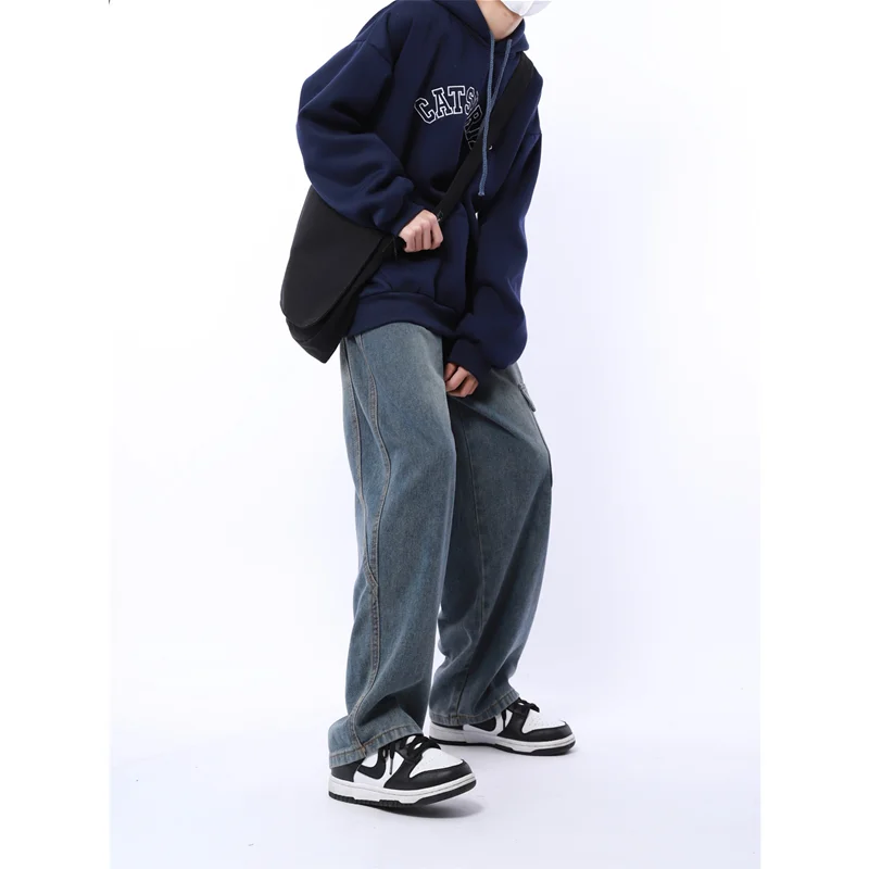 Streetwear Men Vintage Falling Feeling Loose Broad Leg Blue Jeans 2022 Autumn and Winter New Pattern Mopping Cargo Pants Female