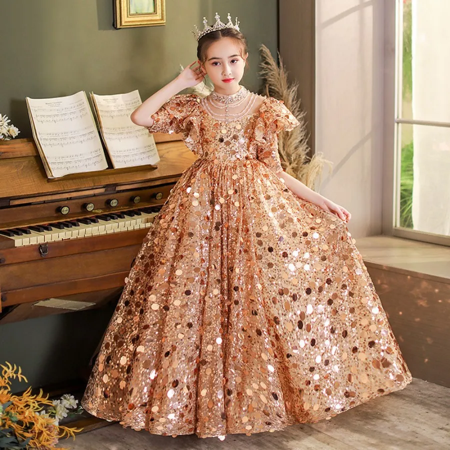 

Luxury Girls Shiny Sequined Short Sleeve Model Show And Red Carpet Dress 3 To 16 Years Teen Pageant And Important Occasion Gown