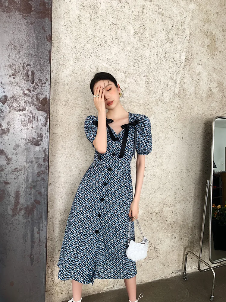 

Female hubble-bubble sleeve dress in new temperament of broken beautiful French bowknot dress skirt in summer