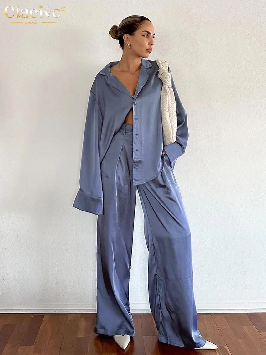

Clacive Casual Blue Satin Set Of Two Fashion Pieces For Women Elegant Loose Long Sleeve Blouses With High Waist Trouser Suits