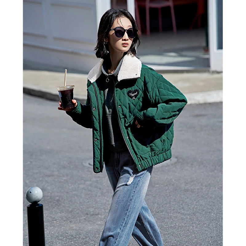Toyouth Women Thick Coat 2022 Winter Long Sleeve Plush Lapel Loose Jacket with Pocket Green Warm Casual Outwear Tops