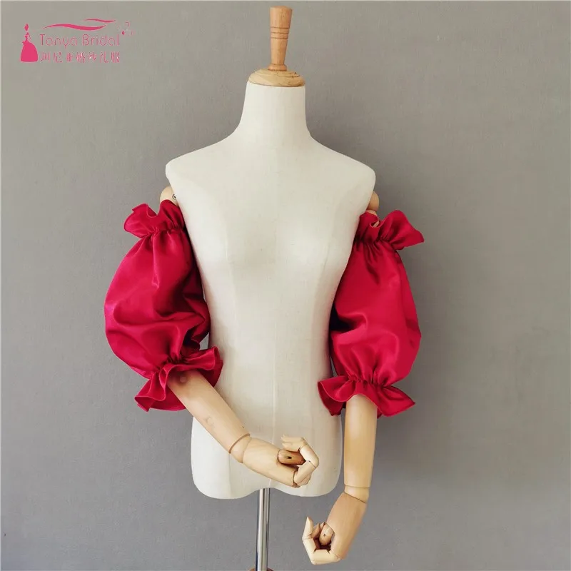 

Detachable Sleeves For Wedding Simple Satin Red Short Fingerless Gloves Ruffle Sleeve Dance Accessories Cover Arms DQG1408