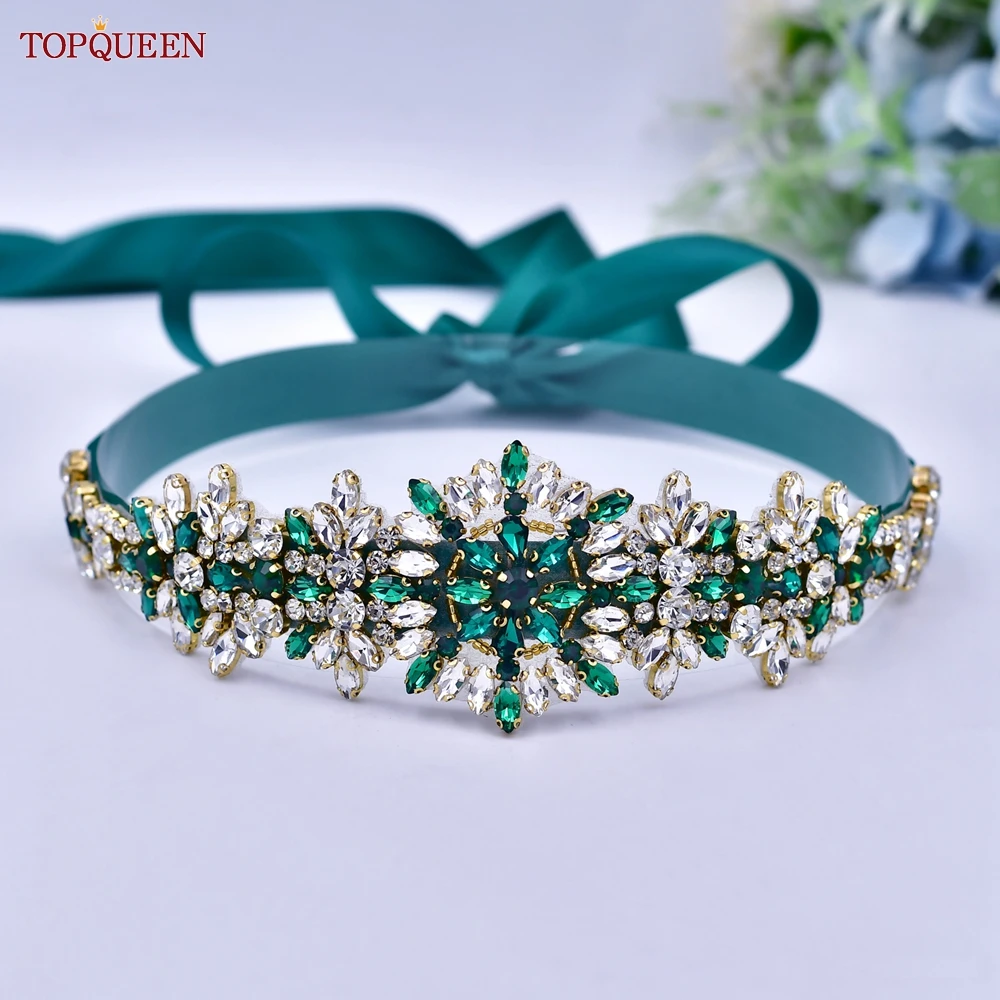 

TOPQUEEN Luxury Bridal Wedding Handmade Moroccan Rhinestone Belt Accessories Dress Wedding Dress Green Diamond Belt S319-KL