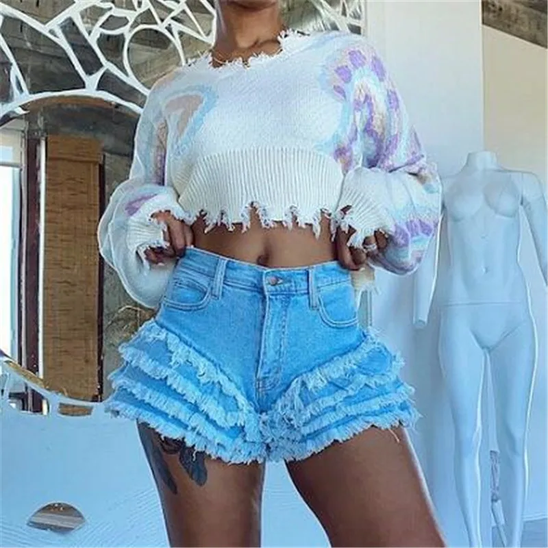Women 2023 Summer New Sexy Push Up High Waisted Denim Shorts Plus Size Flared Slim Layer Tassel Ripped Indie Jean Shorts S-3XL