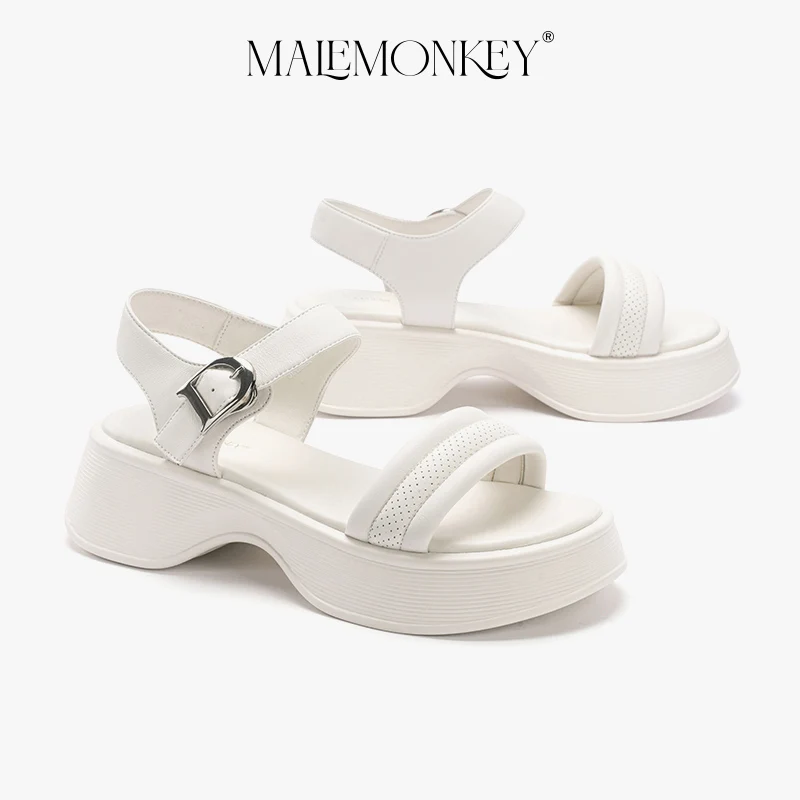 MALEMONKEY Chunky Sandals Women Leather 2023 New Outdoor Casual Retro Fashionable Open Toe Black Ladies Shoes Handmade Summer
