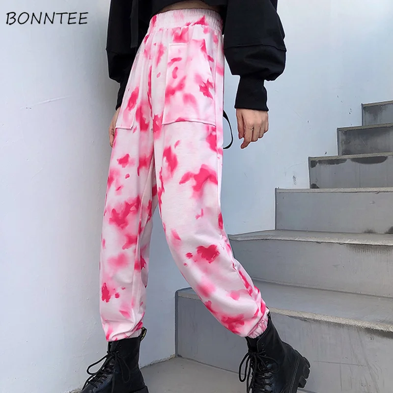 

Pants Women Tie-dye Pink Pockets Design Spring Empire Baggy Straight Hipster Casual Lady Bottom Daily Simple Retro Korean Street