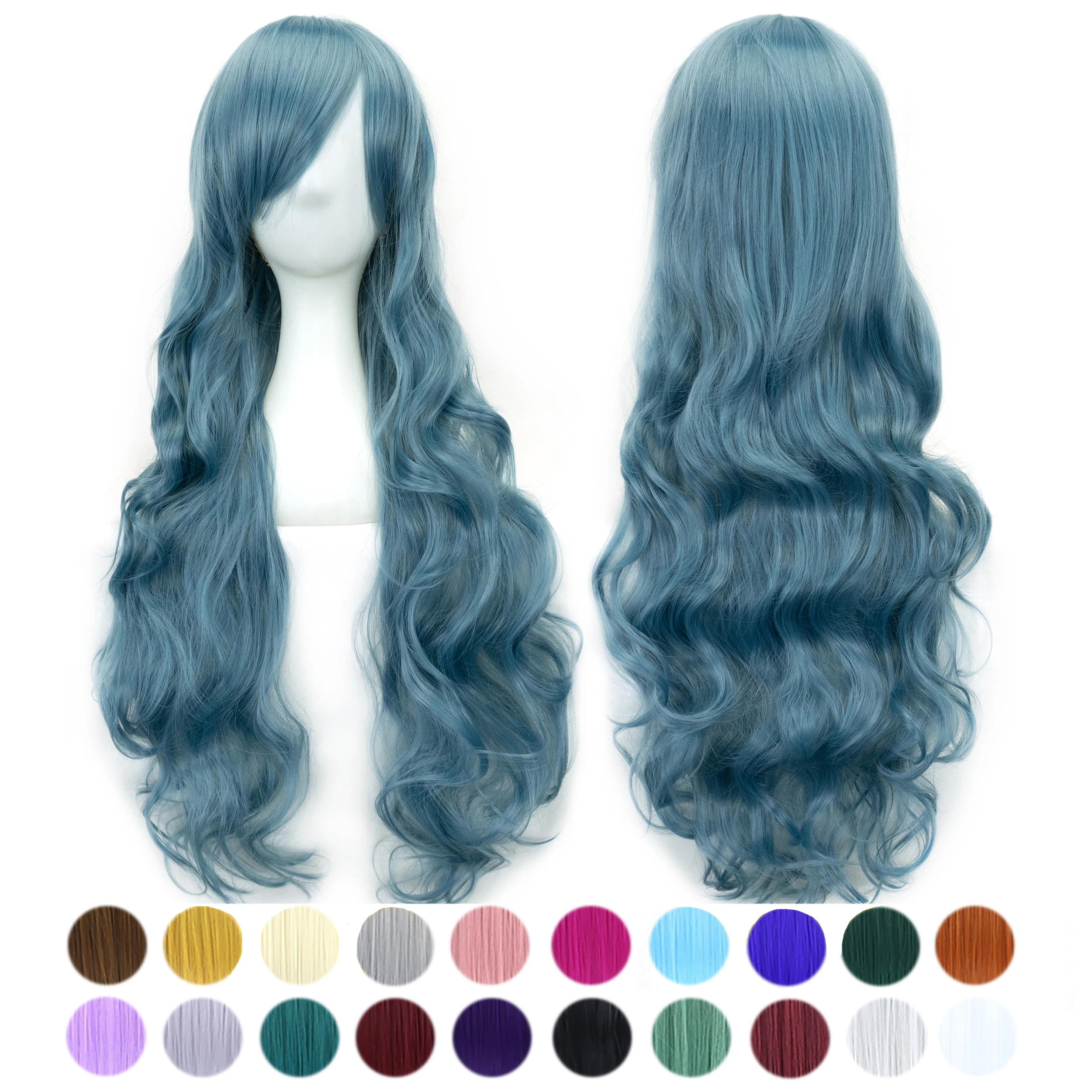 S Long Wavy Synthetic Hair Navy Blue Cosplay Wig With Bangs Colorful Halloween Costume Wigs For Girls