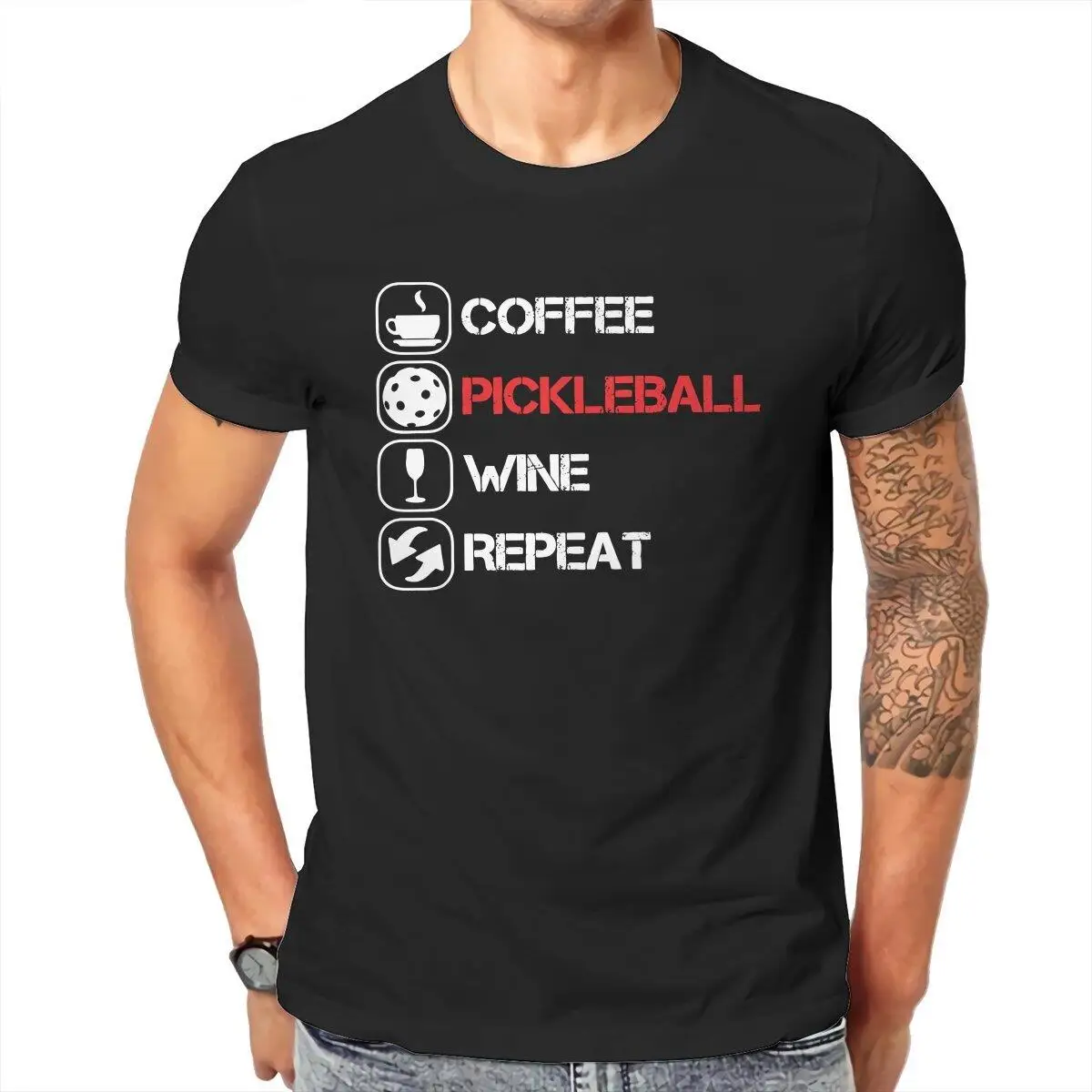 Hipster Coffee Pickleball Wine Repeat  T-Shirts for Men Round Neck Cotton T Shirts  Short Sleeve Tee Shirt Big Size Clothing