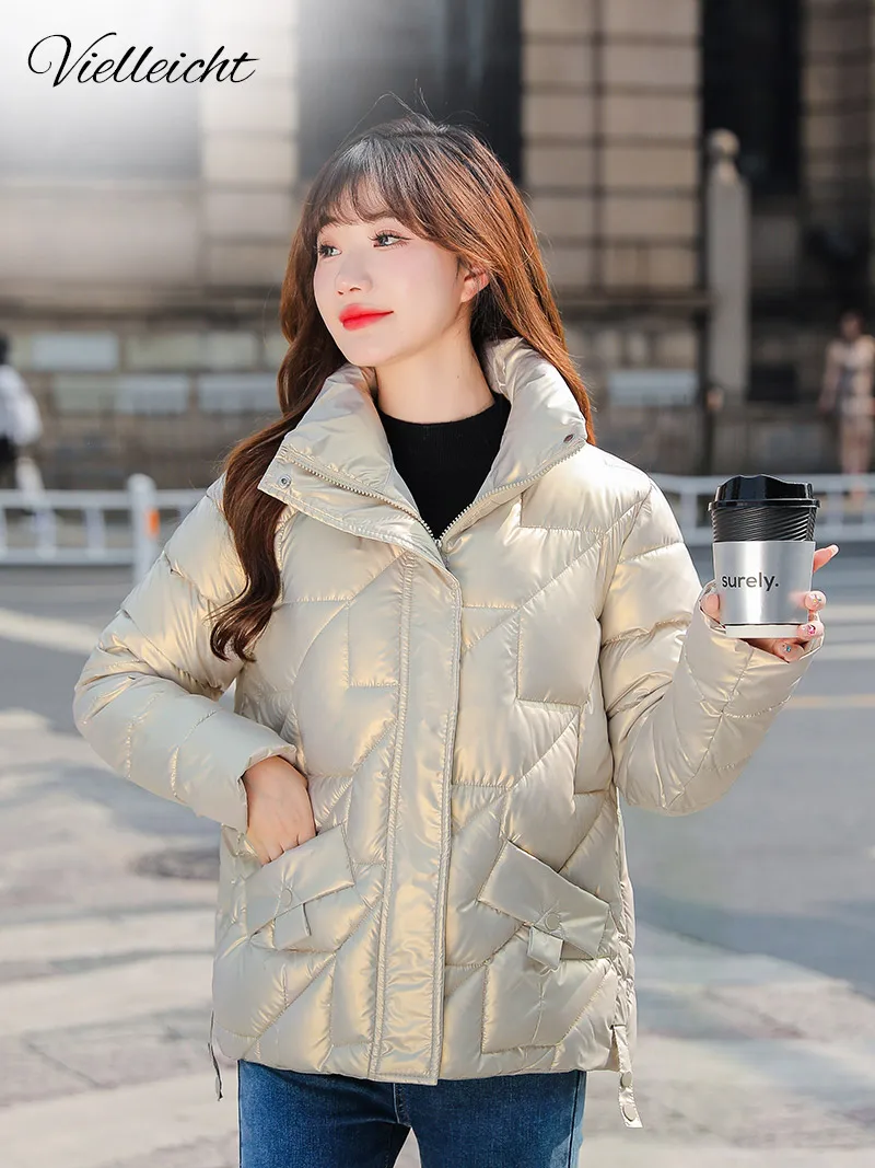 Vielleicht 2022 Winter Jacket Women Short Womens Parkas Thicken Outerwear Solid Coats Shiny Female Slim Cotton Padded Basic Tops