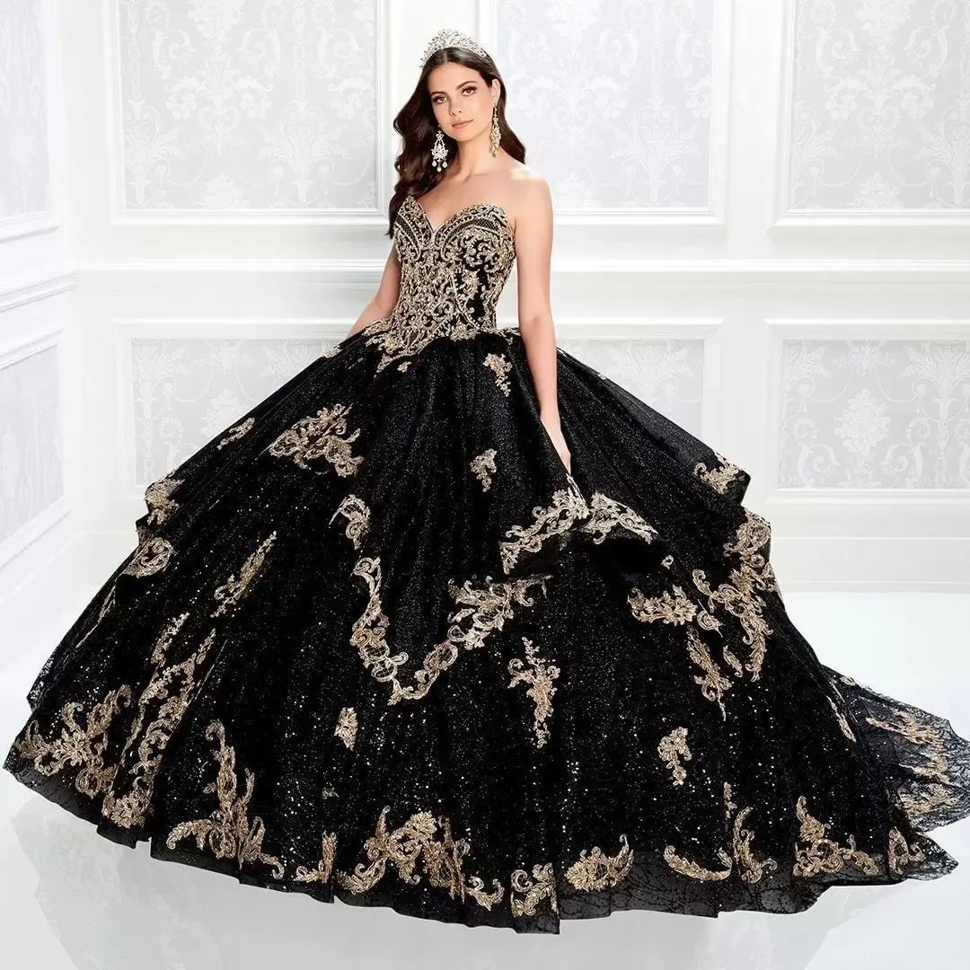 

Vkiss Shining Black Beaded Quinceanera Dresses Ball Gown Sweetheart Neck Lace Appliqued Prom Sequined Sweep Train Primera Comu