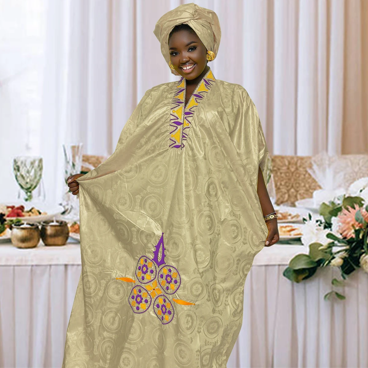 African Dress For Woman Bazin Riche Embroidery Design Floor Length With Scarf | Africa Clothing