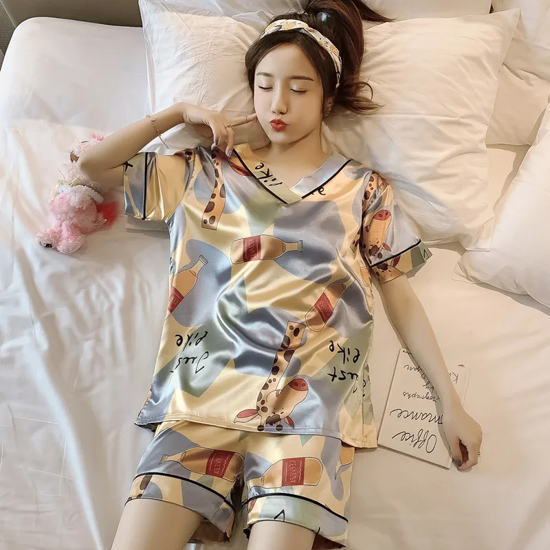 

Home Clothes for Women Pajamas with Shorts Summer Thin Short-sleeved Korean Sweet Lovely V-neck Silk 2 Piece Pajama Set Women