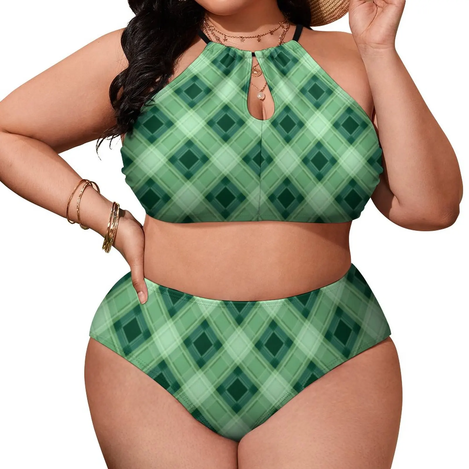 

Green Abstract Geometry Bikini Swimsuit Sexy Checkered Plaid Swimwear Ladies Push Up Bikini Set 2 Piece Design Feminine Bikinis