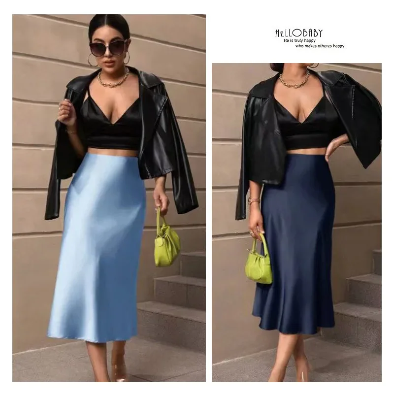 Женская атласная юбка средней длины однотонная облегающая юбка-годе весна 2024