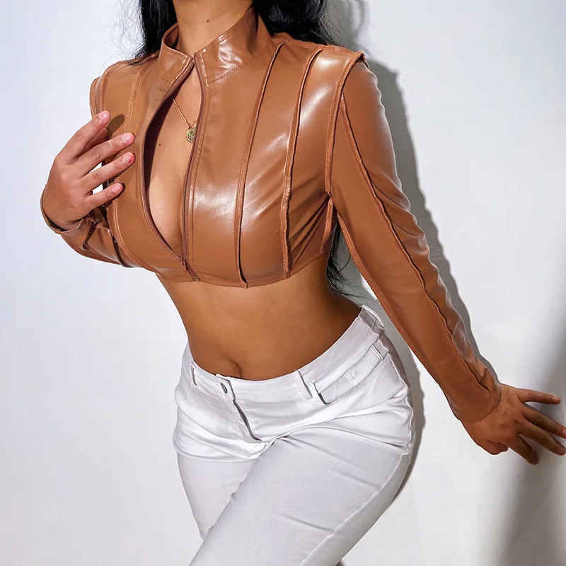 Sexy Short Coat Women's Autumn and Winter New Long Sleeve Girl  Short Zipper Leather Coat Chaquetas Leather Jacket  Borwn Khaki