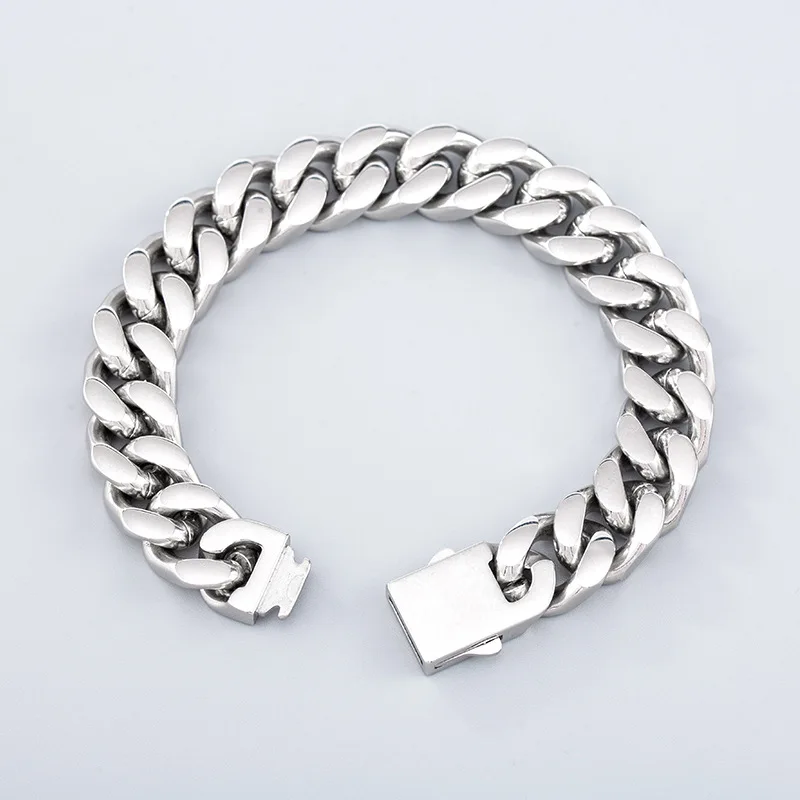 

Men Silver Cuban Stainless Steel Chain Bracelet with Box Buckle 14mm Punk Bangle