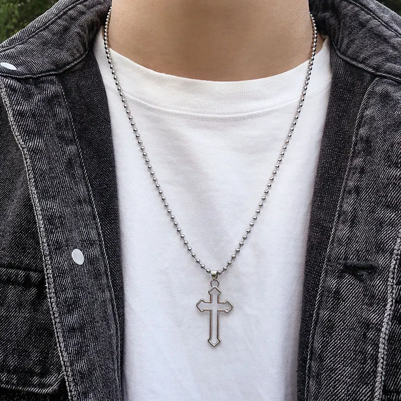 

Punk Hollow Cross Necklace for Women Men Stainless Steel Beads Chains Pendant Necklace Collar Hip Hop Unisex Religion Jewelry