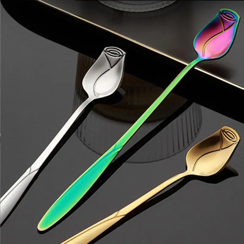 

2/4/5PCS Mixing Spoon Rainbow Color Eco-friendly For Dessert Honey Salad Tea Coffee Spoons Long Handle Vingtage Rose Tea Spoon