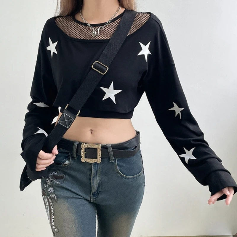 

Женский укороченный Топ с длинным рукавом, свободная уличная накидка в стиле хип-хоп с принтом звезд, осень