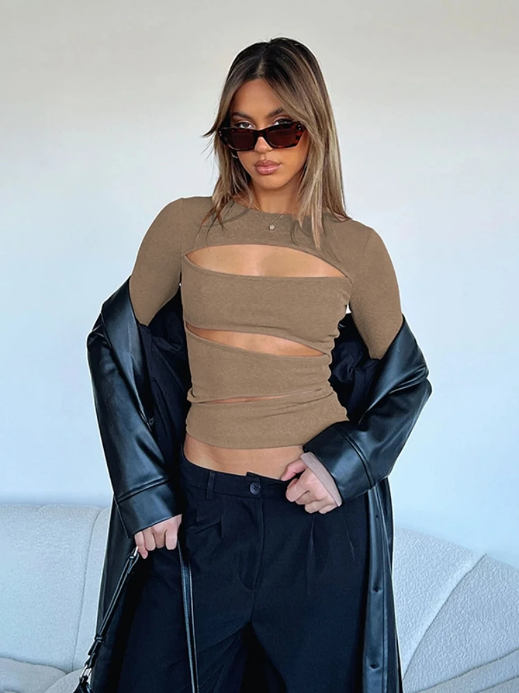 

Khaki O-Neck Y2k Top Long Sleeve Aesthetic Clothes Hollow Out T-shirts Slim Sexy Streetwear Patchwork Roupas Femininas Estilosas