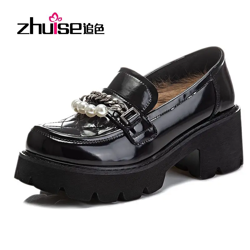 

Женские кожаные туфли на толстой подошве, с бархатной подкладкой и круглым носком