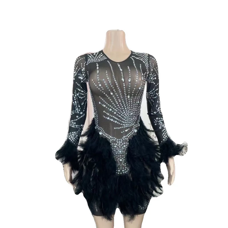 

Rhinestone Women Sexy Sparkly Feathers Long Sleeves Mesh Dress Singer Dancer Performance Costume