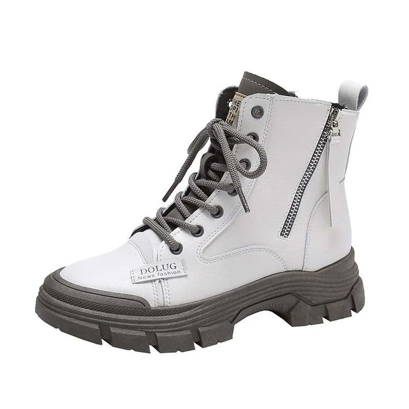 

2022 Fashion Boots Ladies Grey White Leather Boots Winter Shoes Plush Warm Thick Sole Boots Retro Snow Ankle Boots Fashion
