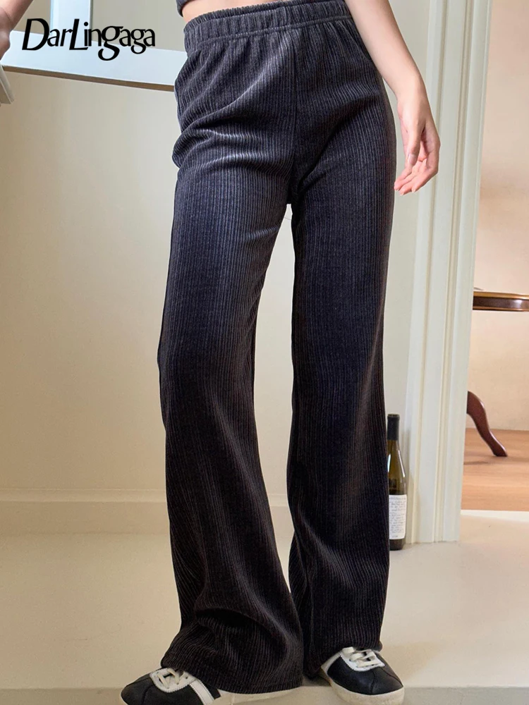 

Darlingaga Casual Basic Straight Leg High Waist Corduroy Pants Elastic Waist Solid Autumn Sweatpants Retro Full Length Trousers