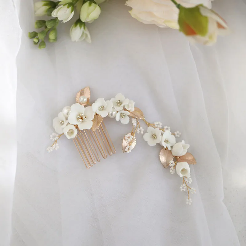 

SLBRIDAL Handmade Crystal Rhinestone Pearls Ceramic Flower Bridal Hair Comb Wedding Hair Accessories Bridesmaids Women Jewelry