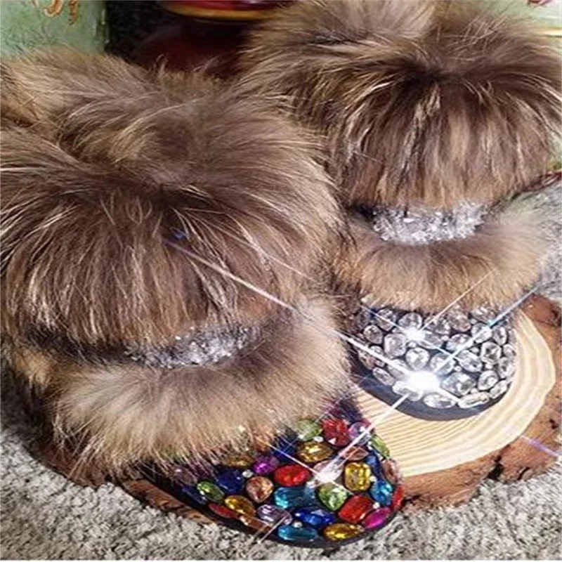 

Разноцветные зимние теплые ботинки со стразами на флисе, меховые ботинки на одно тело, ботинки ручной работы из лисьего меха для мужчин и женщин, размер 35-44