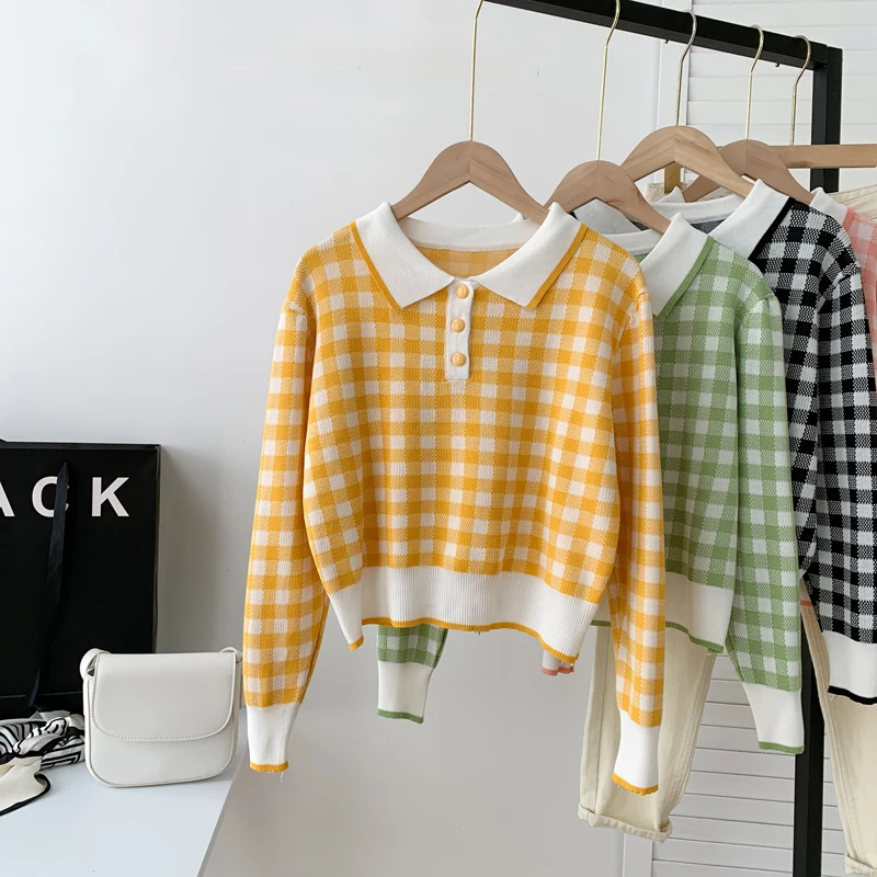 

Kawaii Short Plaid Sweater Korean Style Pullover Women Knitted Top 2023 Autumn Fashion Clothes Cropped Sweaters Sueters De Mujer