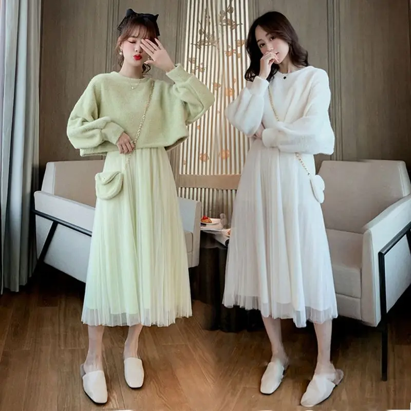 

Korean Fall Winter Women Knitted Sets Fashion Long Sleeve Sweater+ Dress Sets Fashion Sweater Suits Two-piece Set