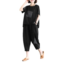 summer women homewear set short sleeve t shirt pants loose black two pieces set women outfit mom middle aged 5xl