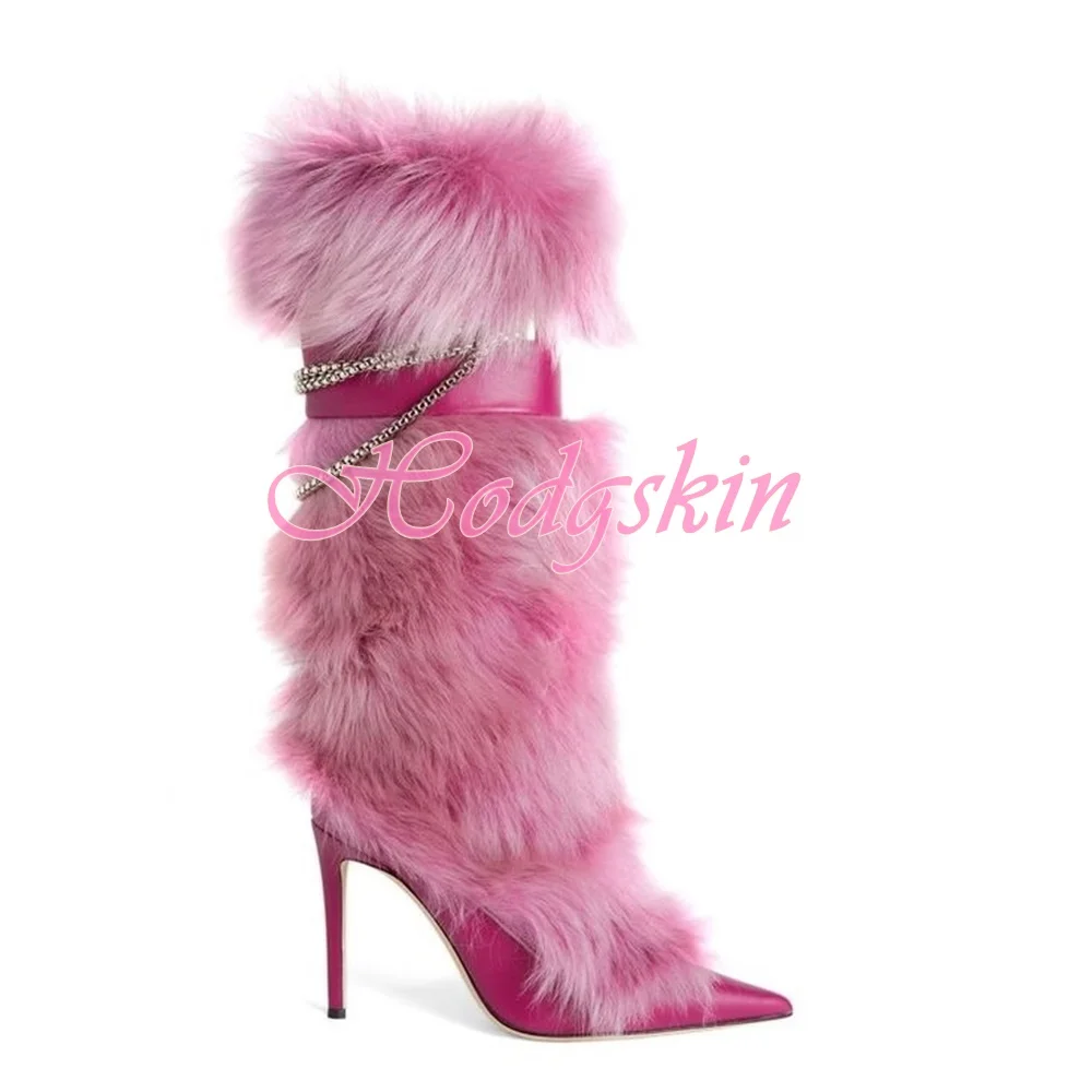 Sweet Pink Fur Boots Mid Calf Chain Buckles Strap Women Winter Shoes Solid Pointy Toe Stiletto Heels Sexy Boots Warm Banquet New
