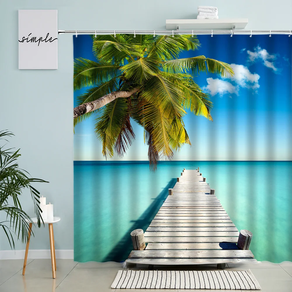 

Ocean Scenery Shower Curtain Palm Trees Green Leaves Pier Beach Natural Landscape Bathroom Decor Waterproof Screen With Hooks
