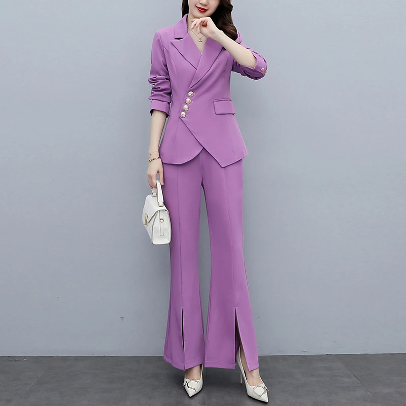 

Business Women Blazer Sets 2 Piece Outfits Jacket Split Flare Pants Suit Elegant Spring Formal Suits Party Casual Office Clothes