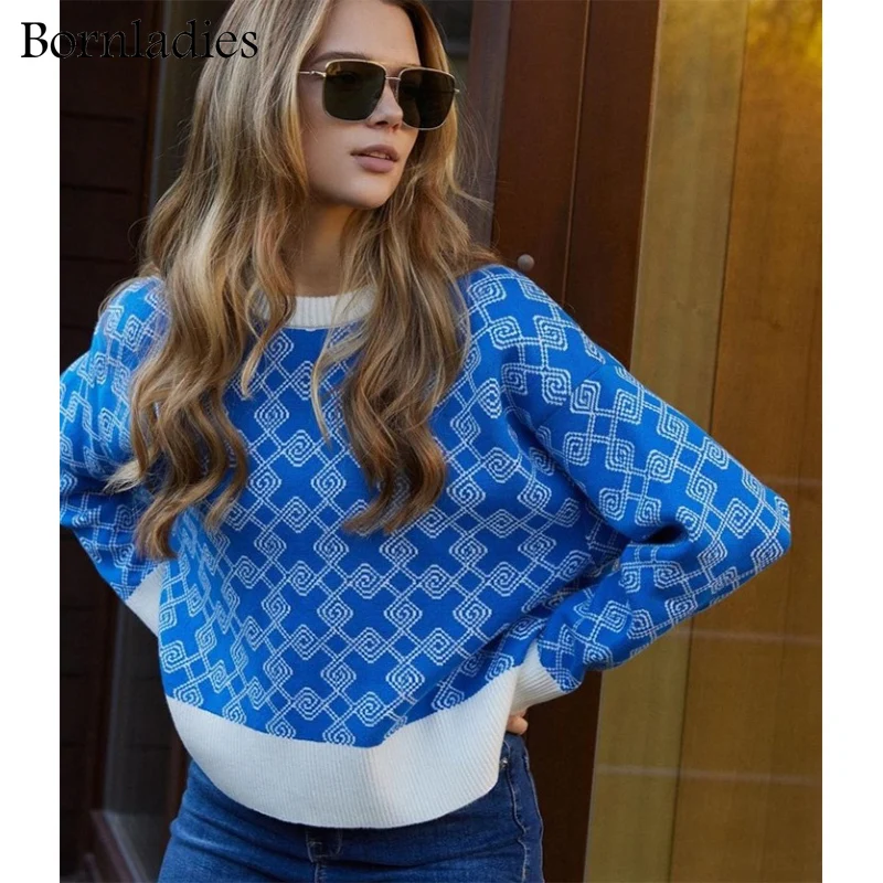 

Bornladies клетчатый вязаный пуловер оверсайз с длинным рукавом свитер женская зимняя одежда 2021 Модный повседневный свободный свитер с круглым ...