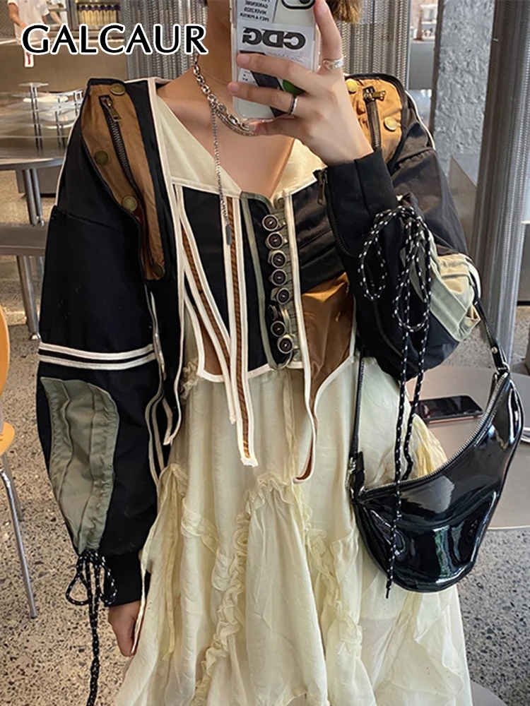 

GALCAUR Casual Patchwork Colorblock Coats For Women Square Collar Lantern Sleeve Drawstring Striped Style Jacket Female 2021 New