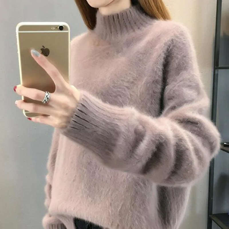 

Hairless waterproof mink wool sweater women's base coat 2021 new winter thickened loose half high collar pullover looks thin