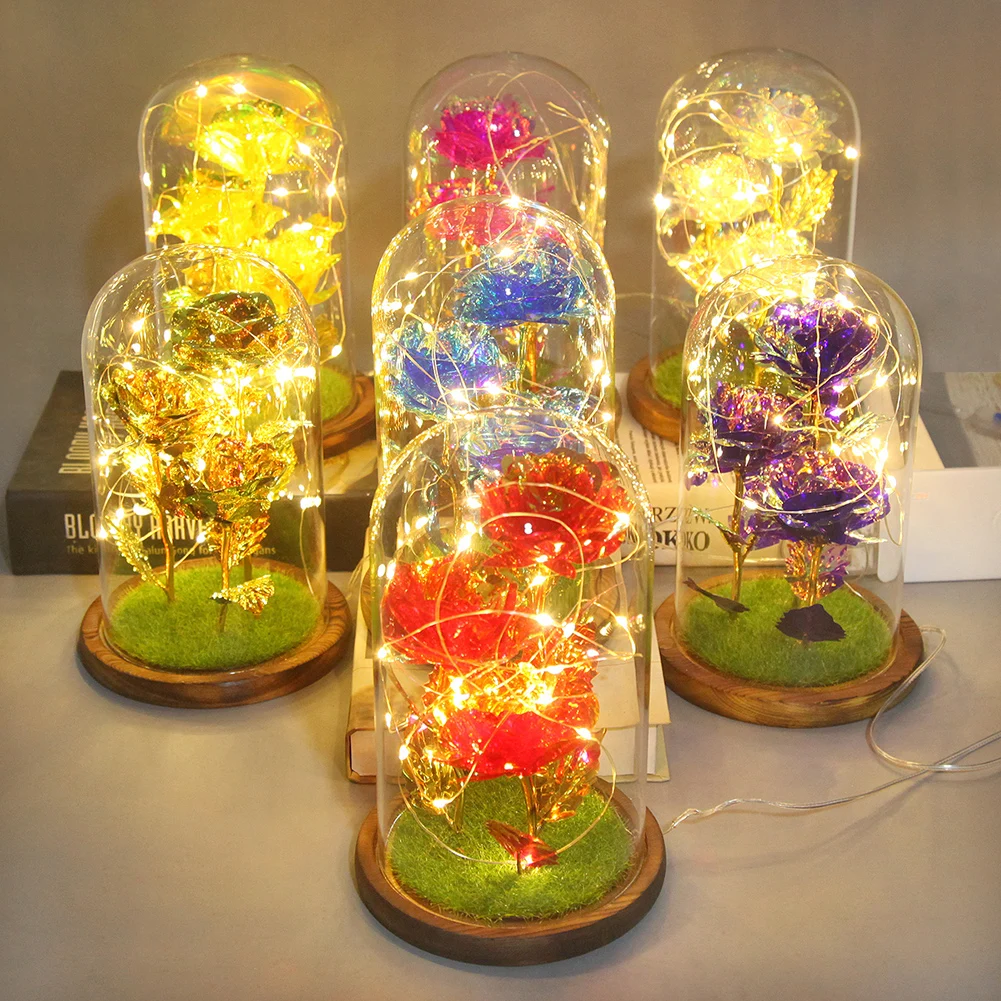 

LED Night Lights Three Rose Flower Glass Dome Fairy String Lights Party Decoration Ornaments Gift for Valentine Day