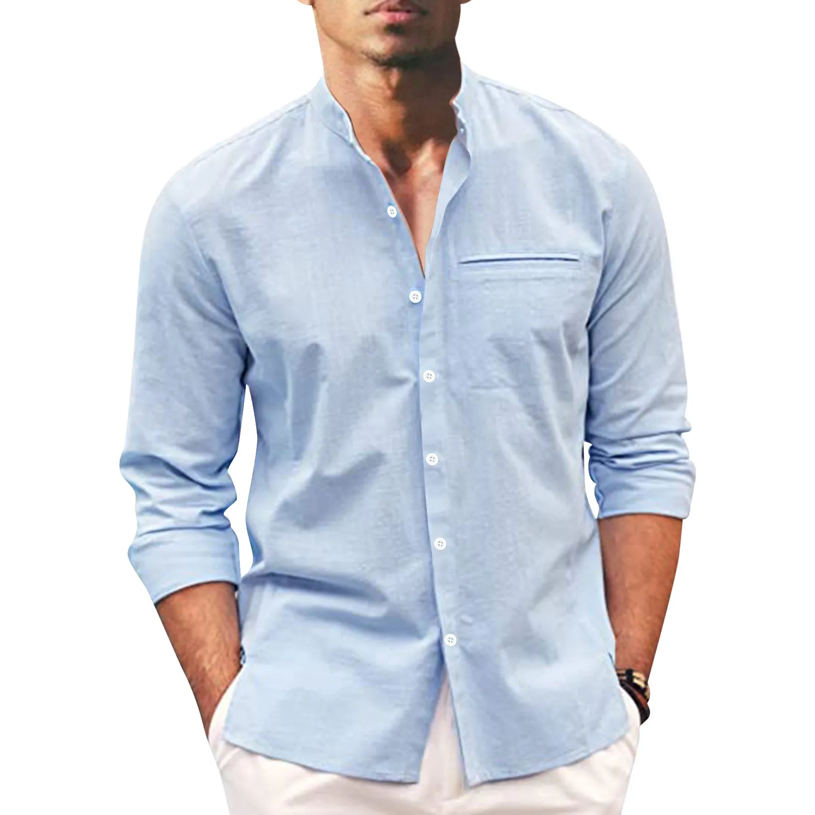 

Summer Men Hawaiian Shirt Beach Long Sleeve Stand Collar Button Shirt Imitation Cotton Linen Shirts Men's Blouse Top With Pocket