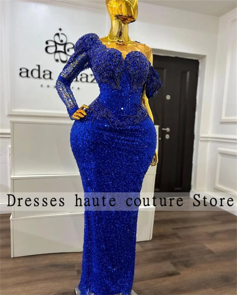 Купи Aso Ebi Royal Blue Velvet Mermaid Evening Dresses 2022 For Black Girls African One Shoulder Wedding Party Gowns Plus Size за 10,680 рублей в магазине AliExpress