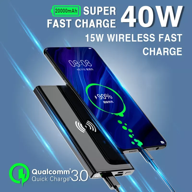 

40w Super Fast Charging Large Capacity 20000 mAh 15W Wireless Charging Two-way Fast Charging Digital Display External Battery