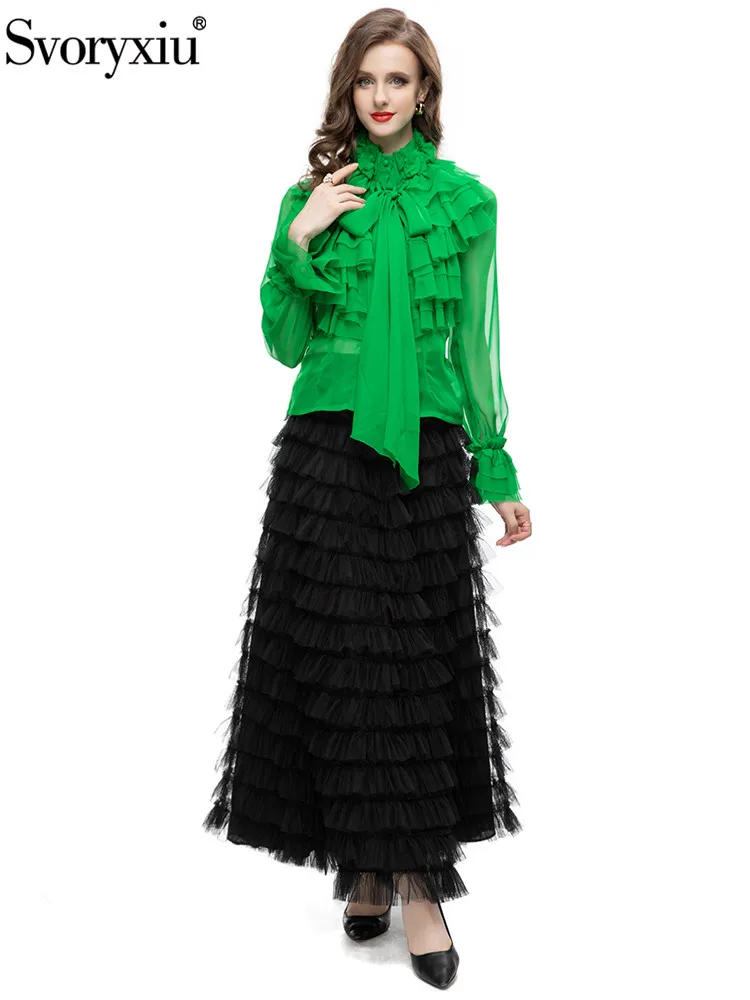 

Svoryxiu Designer Fashion Spring Vintage Gauze Skirt Suit Women's Flare Sleeve Button Bow Frenum Shirt+Ruffles High Waist Skirt