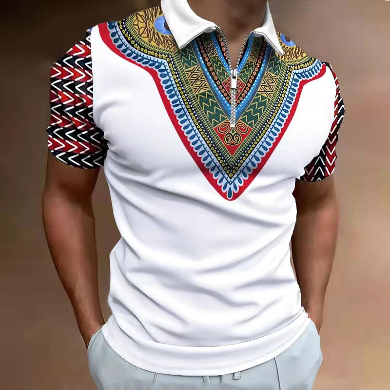 

Summer men's fashion Polo shirt African large stone print short sleeve casual vintage lapel zipper streetwear top S-3XL
