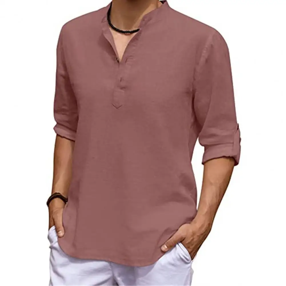 

Men Shirt Solid Color Adjustable Sleeve Pullover Stand Collar Long Sleeve Summer Top Daily Garment