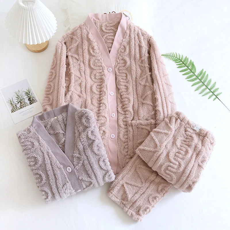 

Winter Thickening Nursing Pajamas Suit Confinement Clothing V-neck Pink Jacquard Flannel Clothes Pregnant Women Warm Maternity